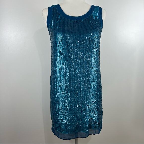 Shoshanna Womens 2 Leandra Mini Dress 100% Silk Turquoise Blue Sequin Party Sexy - Picture 9 of 11